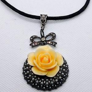 Shell Flower Pendant on a Base of Tiny Seed Pearls on Black Choker Necklace